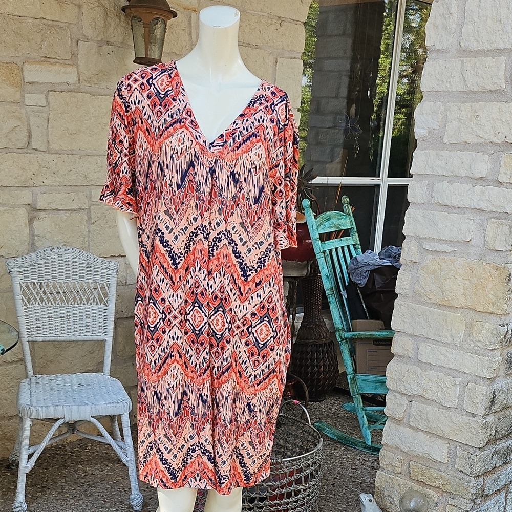 New W Tag OFEEFAN Polyester Abstract Flutter Sleeve Dress XL